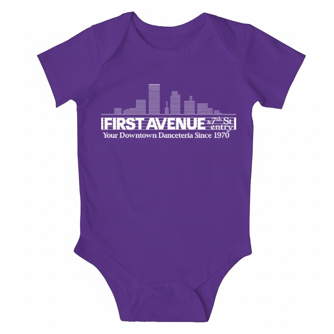 First Avenue Purple Onesie with the First Avenue logo screenprinted in white on the chest.