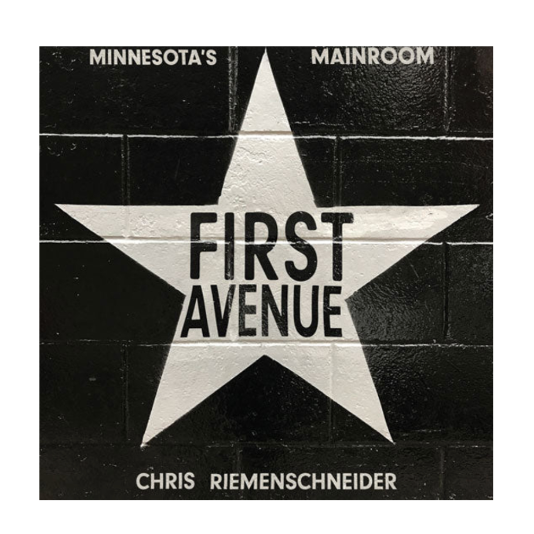 Album cover for Chris Riemenschneider's 'First Avenue', featuring a large white star on a black brick-textured background with white text reading 'MINNESOTA'S MAINROOM' at the top and 'CHRIS RIEMENSCHNEIDER' at the bottom.