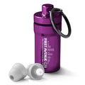 Downbeats Hi-Fi earplugs in a purple metal case with the First Avenue logo in white.