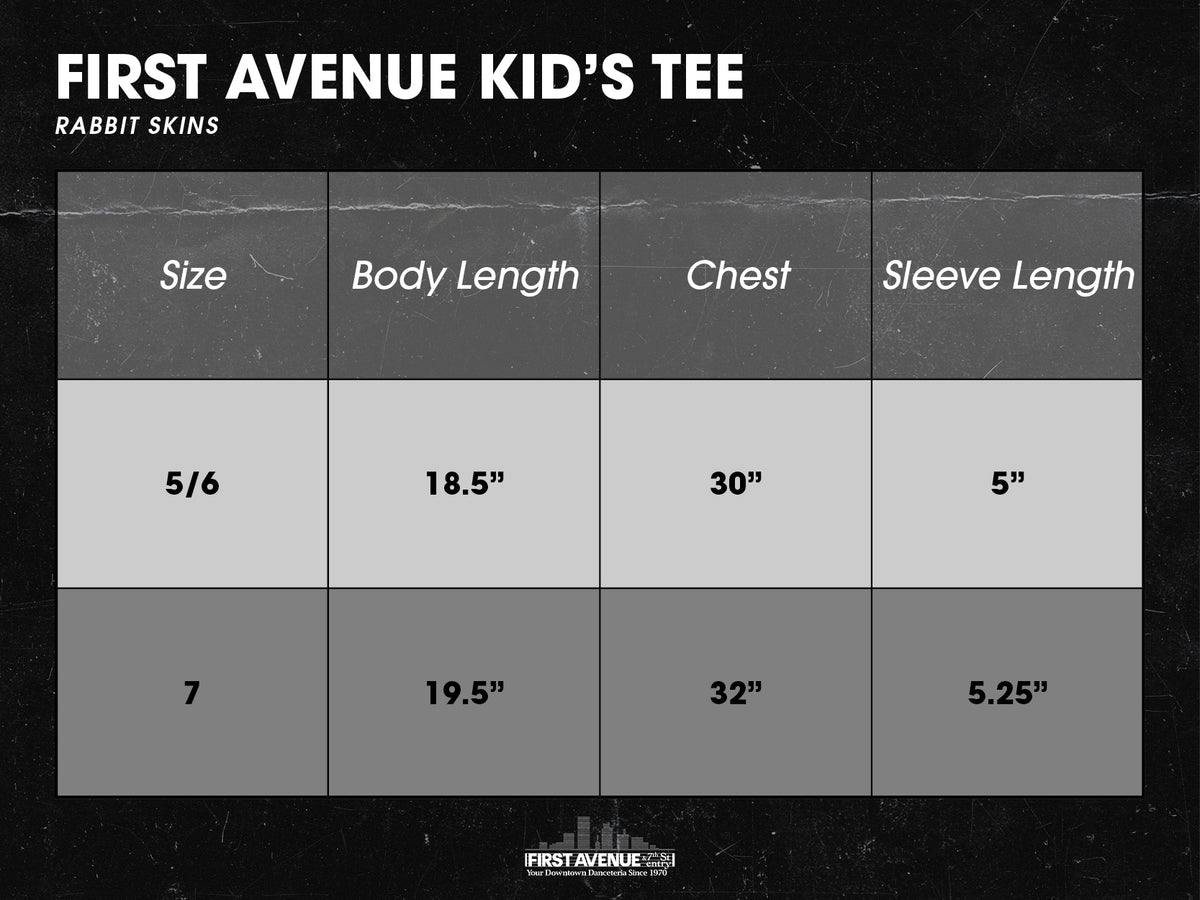 Size chart for Rabbit Skins brand Kid's Tee with dimensions in inches.

5/6:  18.5" body length, 30" chest, 5" sleeve

7: 19.5" body length, 32" chest, 5.25" sleeve