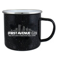 Black speckled enamel mug with 'First Avenue' logo in white