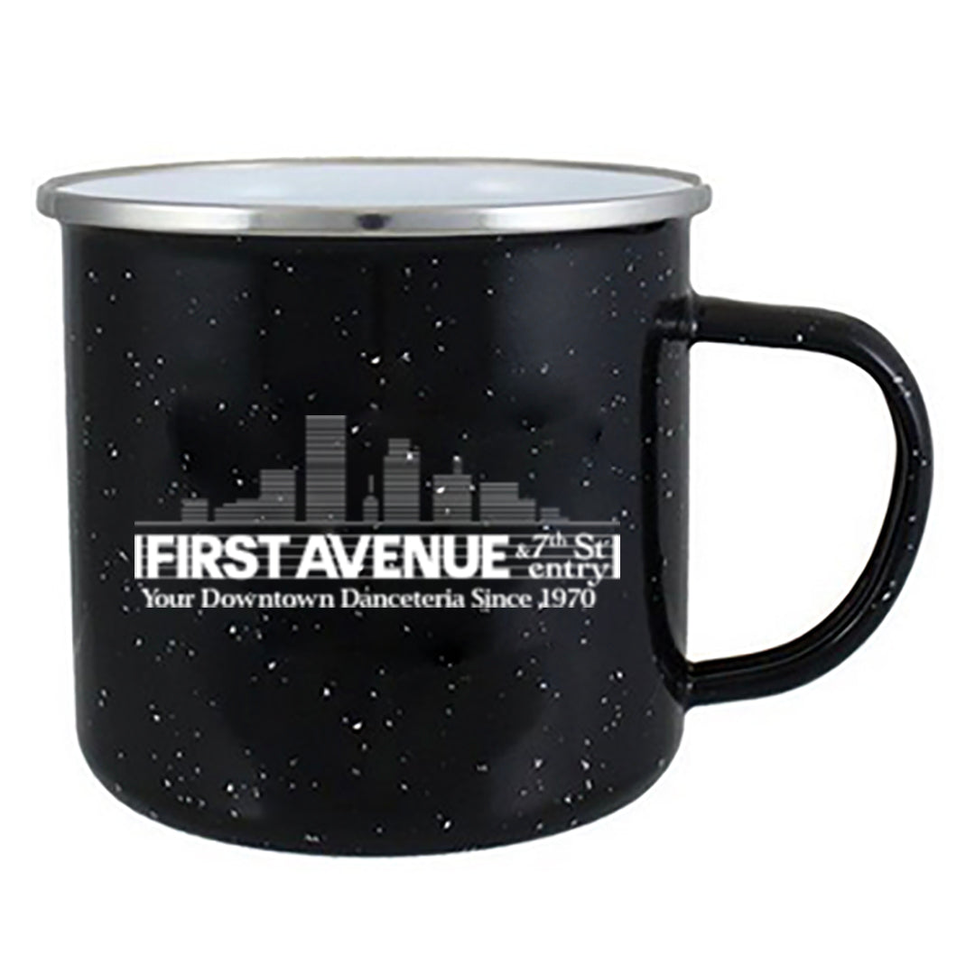 Black speckled enamel mug with 'First Avenue' logo in white