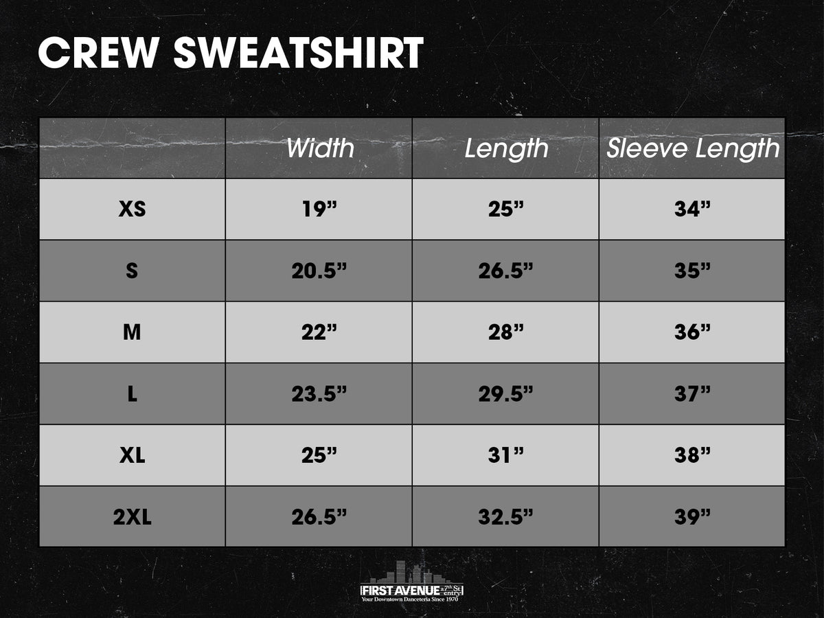 Measurements for crew sweatshirts in inches.
XS 19" wide x 25" long x 34" sleeve
S 20.5" wide x 26.5" long x 35" sleeve
M 22" wide x 28" long x 36" sleeve
L 23.5" wide x 29.5" long x 37" sleeve

also has XL & 2XL sizing