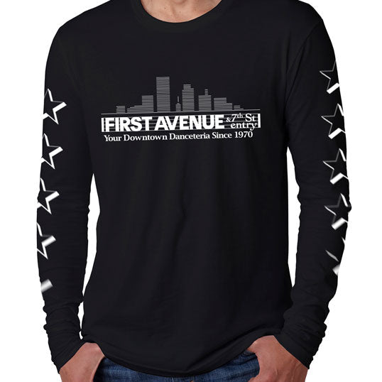 First Avenue Long Sleeve T-shirt with First Avenue logo screenprinted in white on chest. Has holllow white stars down each arm.