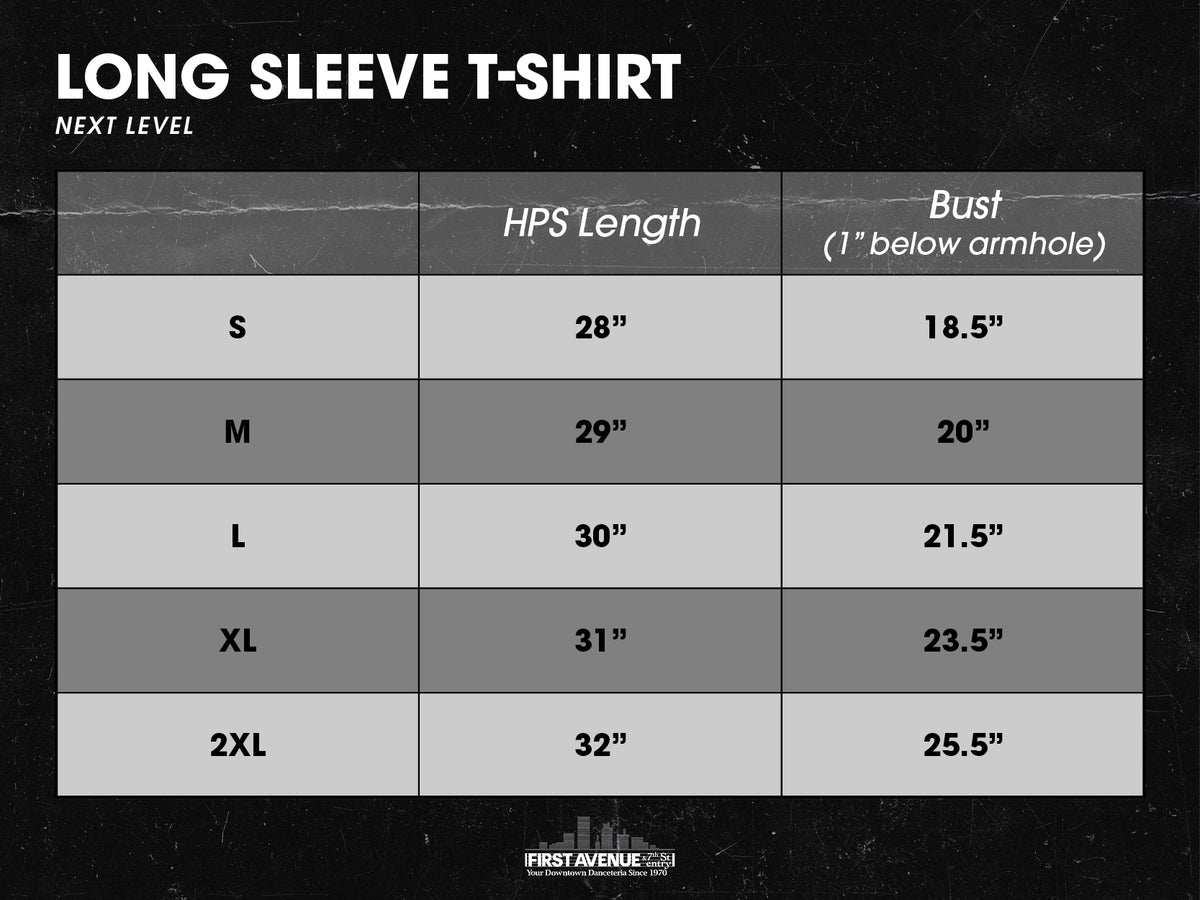 Size chart for Next Level long sleeve t-shirts with measurements in inches.