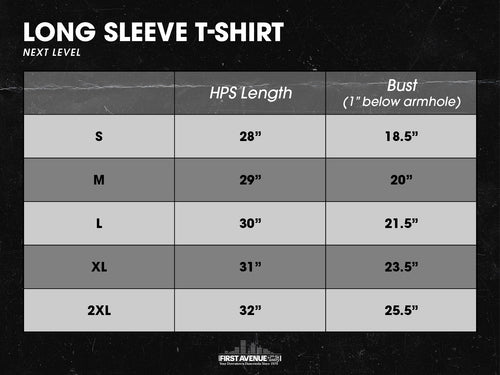 Size chart for long sleeve t-shirts with measurements in inches. Next Level brand. 