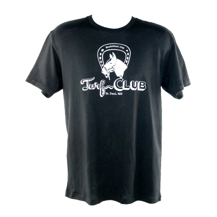 Black t-shirt with Turf Club logo screenprinted in white on chest