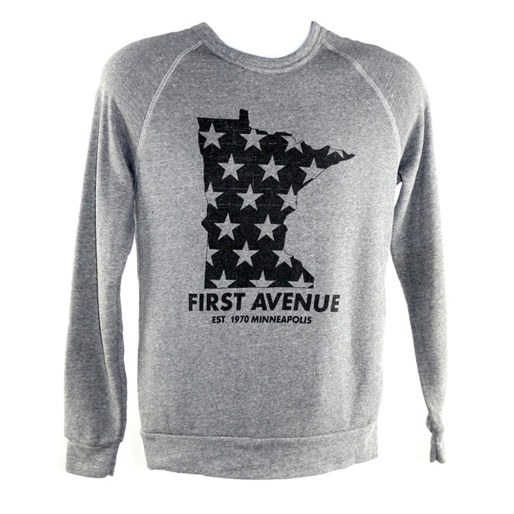 A gray crewneck sweatshirt with an image of the state of Minnesota with stars and "First Avenue Est. 1970 Minneapolis" underneath screenprinted in black. 