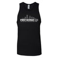 Black tank top with First Avenue logo screenprinted in white on chest.