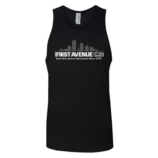Black tank top with First Avenue logo screenprinted in white on chest.