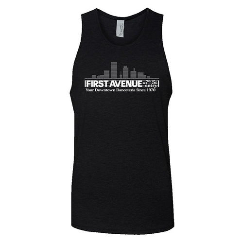Black tank top with First Avenue logo screenprinted in white on chest.