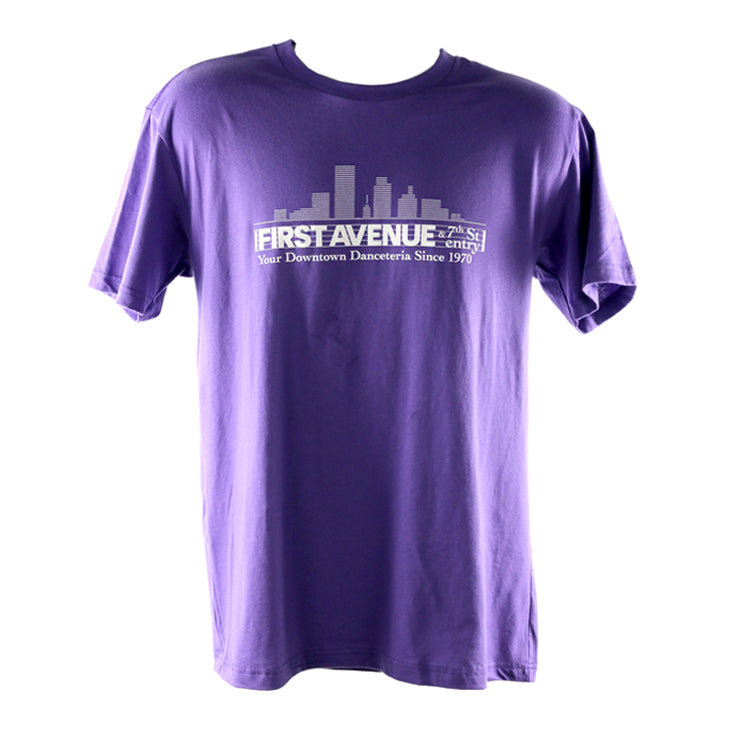 Purple t-shirt with First Avenue logo screenprinted in white on chest