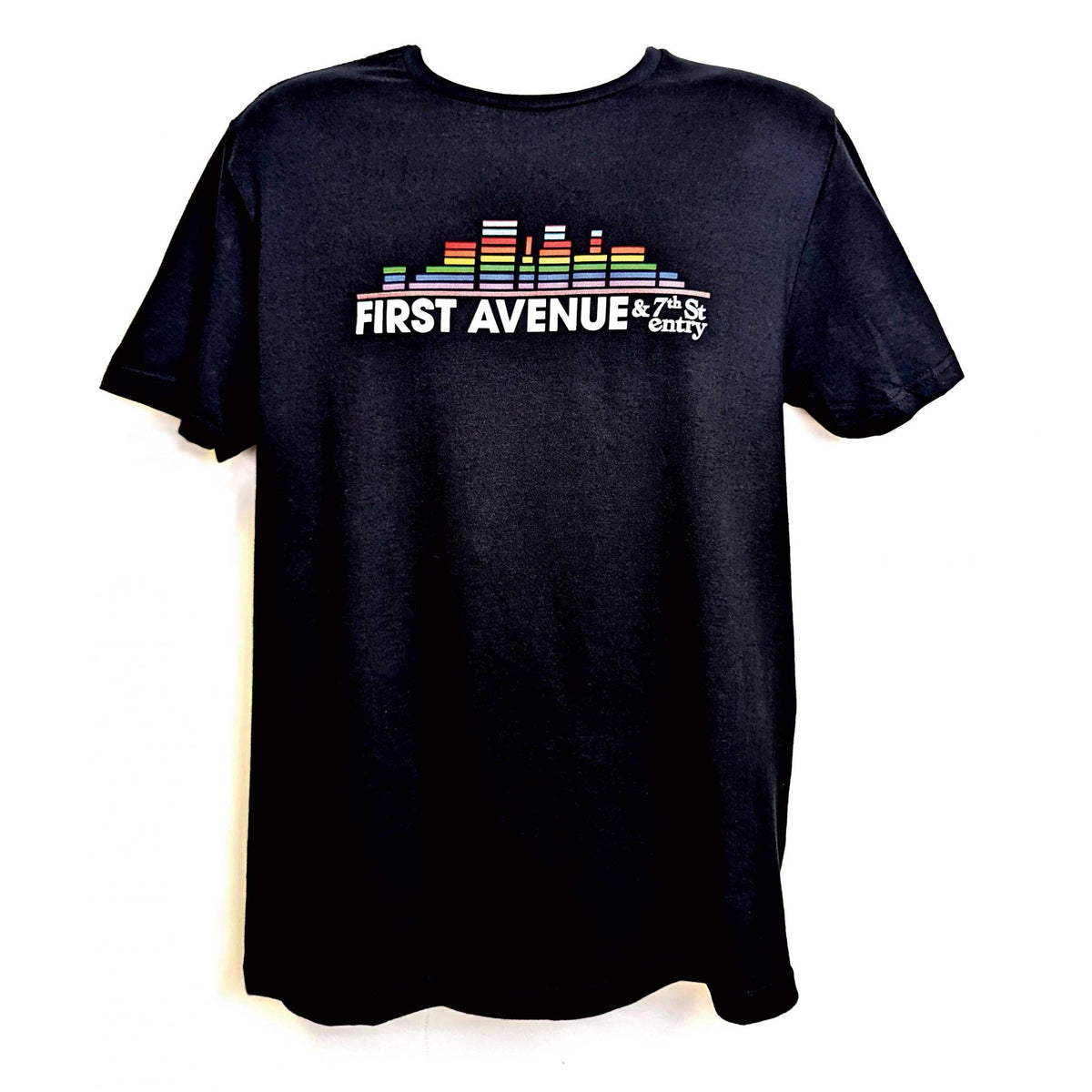 Black t-shirt with 'First Avenue & 7th St Entry' logo in rainbow colors screenprinted on the chest.