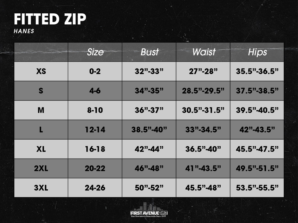 Fitted Hanes zip hoodie size chart
XS = 0-2
S = 4-6
M = 8-10
L = 12-14
XL = 16-18
2XL = 20-22
3XL = 24-26

recommend sizing up 1 level
