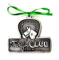 Decorative metal ornament with horse design and 'Turf Club' text, tied with a green ribbon.