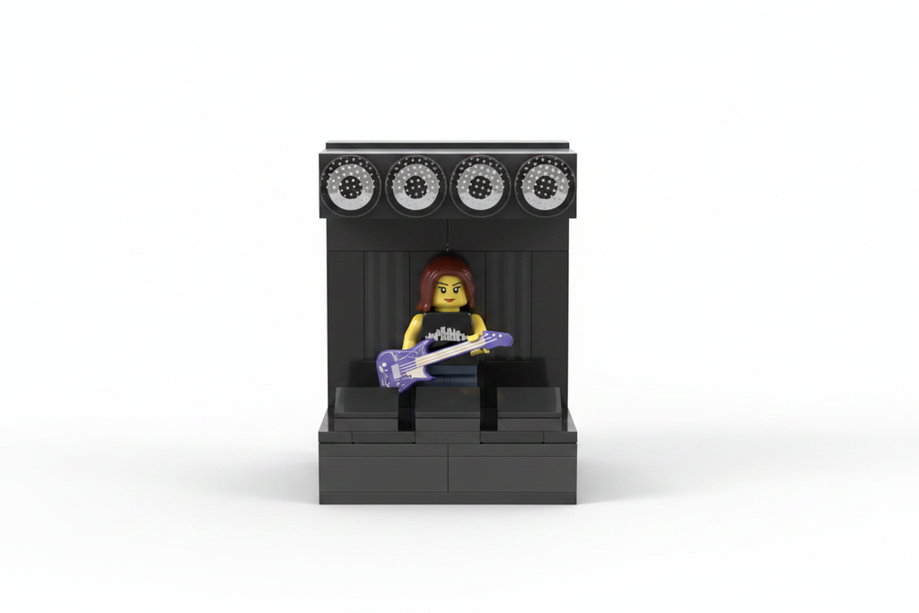 Back side of the 7th St Entry Brickmania model featuring a minifig holding a guitar on stage
