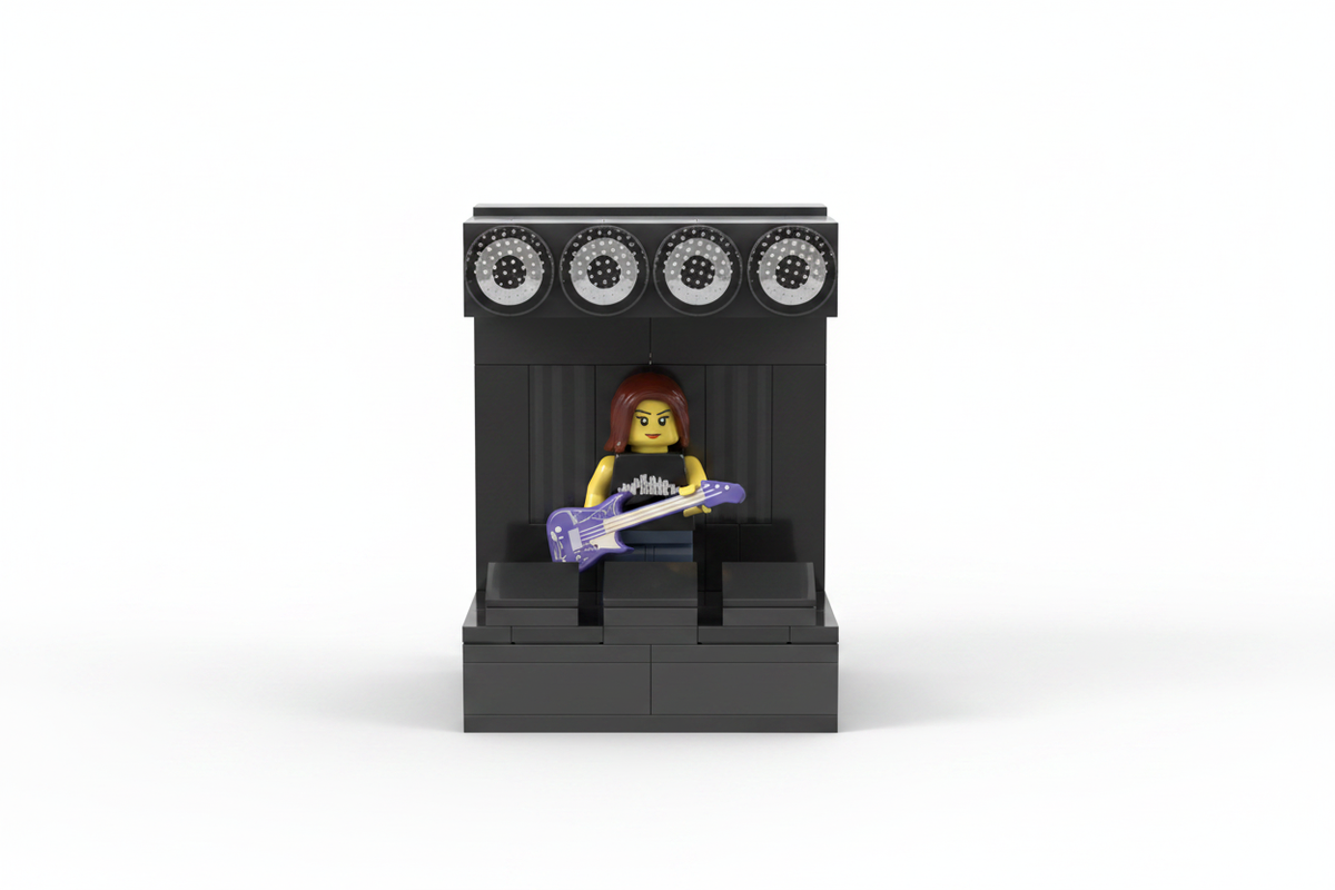 Back side of the 7th St Entry Brickmania model featuring a minifig holding a guitar on stage