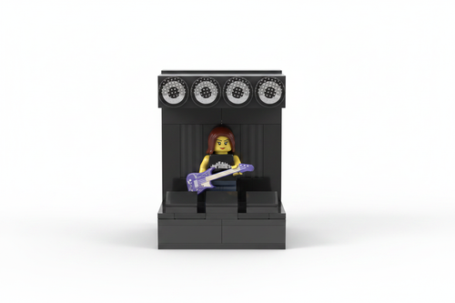 Back side of the 7th St Entry Brickmania model featuring a minifig holding a guitar on stage
