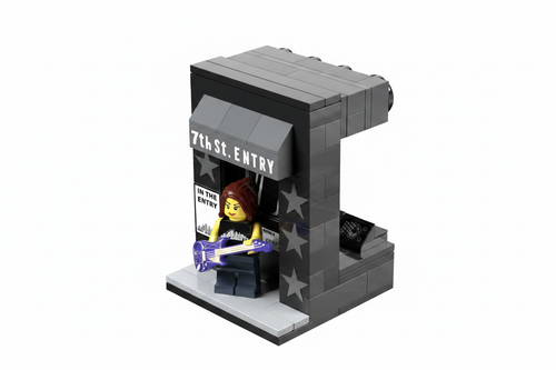 Front side of 7th St Entry Brickmania model - features the 7th St Entry awning and a poster next to the door.