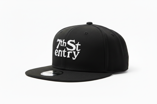 7th St Entry Flatbill - black flatbill baseball hat with the 7th St Entry logo embroidered on the front in white