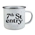 White speckled enamel mug with '7th St entry' text in black 