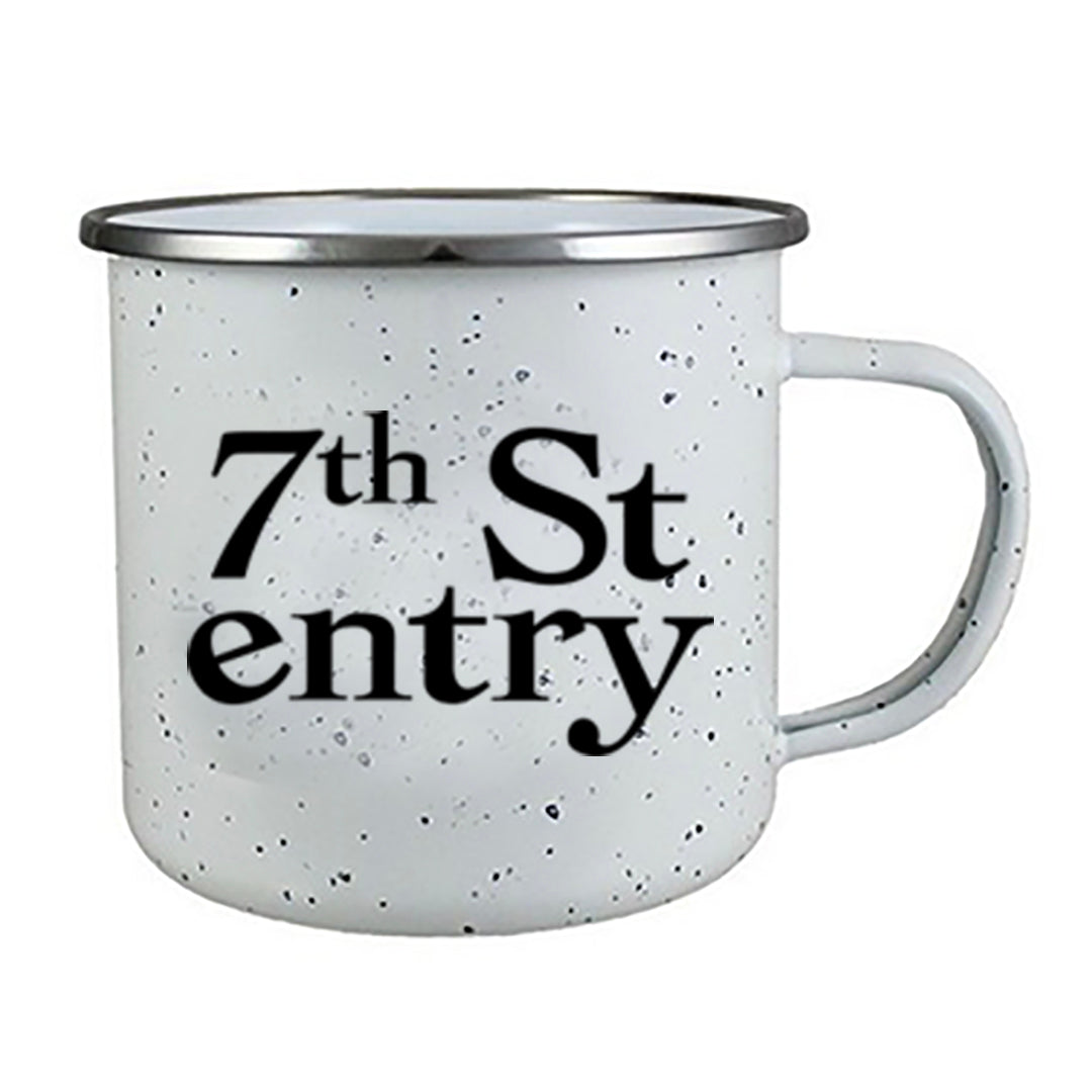 White speckled enamel mug with '7th St entry' text in black 