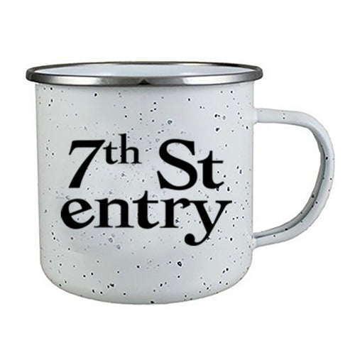 White speckled enamel mug with '7th St entry' text in black 