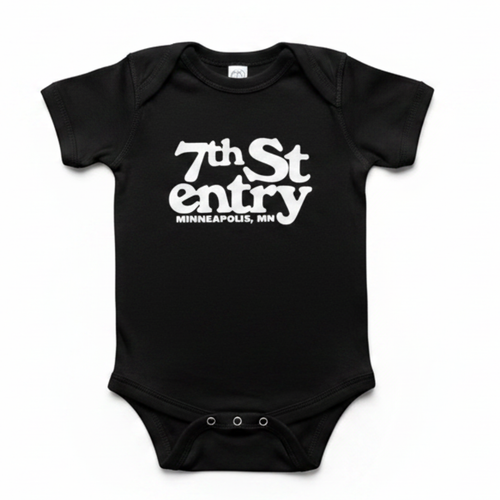 A black short-sleeve baby onesie with the 7th St Entry logo screenprinted in white on the chest.