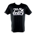 Black t-shirt with 7th St Entry logo screenprinted in white on chest.