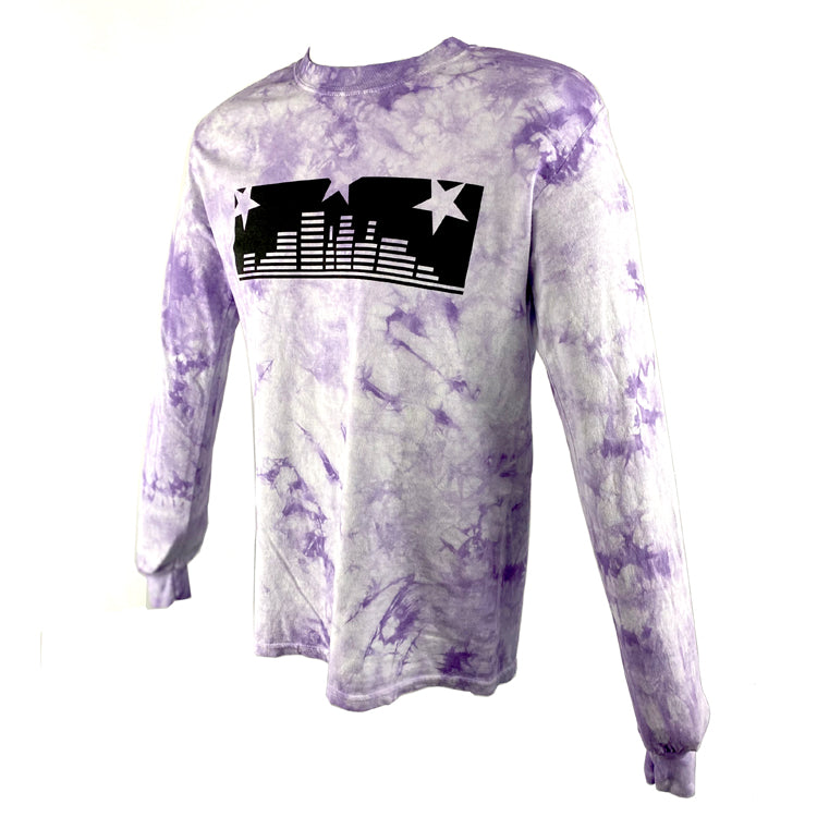 Purple and white tie-dye long-sleeve shirt with a black skyline and star graphic screenprinted on the front. "First Avenue" screenprinted down the right sleeve.