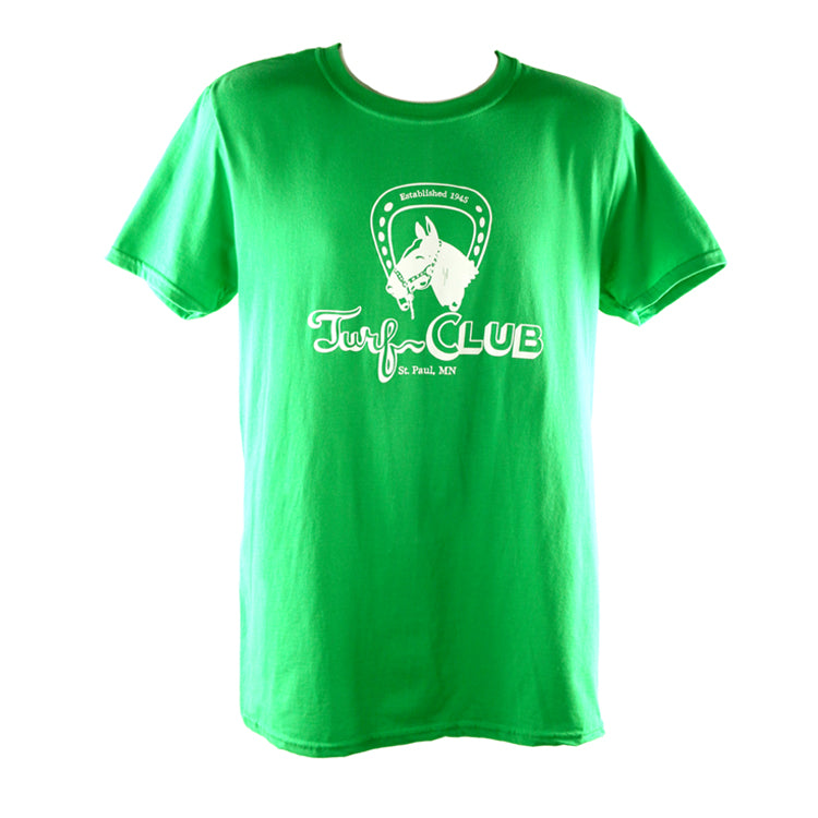 Green t-shirt with the Turf Club logo screenprinted in white on the chest.