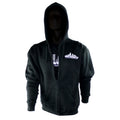 Black zip up hoodie with First Avenue logo screenprinted in white on the left pocket area.