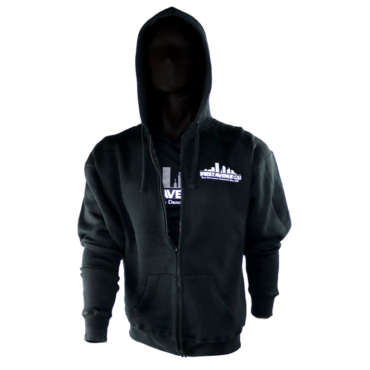 Black zip up hoodie with First Avenue logo screenprinted in white on the left pocket area.