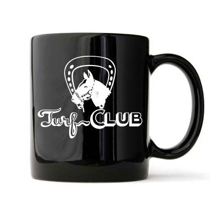 Classic black coffee mug with Turf Club logo in white