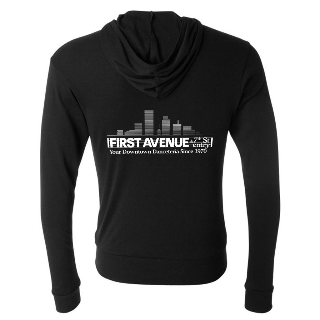 Black hoodie with First Avenue logo screenprinted in white on the back. Hoodie also has First Avenue logo in white on front pocket area.
