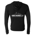Black hoodie with First Avenue logo screenprinted in white on the back. Hoodie also has First Avenue logo in white on front pocket area.