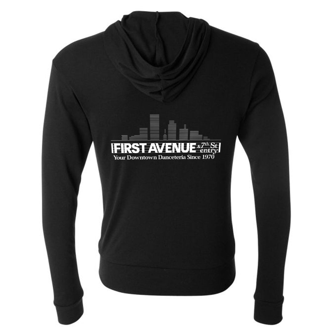 Black hoodie with First Avenue logo screenprinted in white on the back. Hoodie also has First Avenue logo in white on front pocket area.