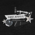 Black and white graphic with 'First Avenue' text and star designs on a dark background
