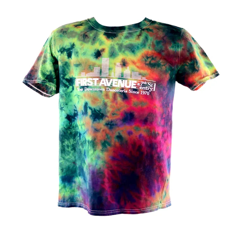 Multicolor tie-dye tee with the First Avenue logo screenprinted in white on the chest.