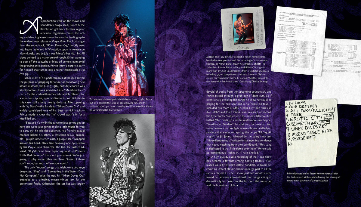 A printed magazine or book spread featuring purple ornamental background, biographical text, a small concert photo, a black-and-white portrait, a handwritten note, and a couple of document graphics.