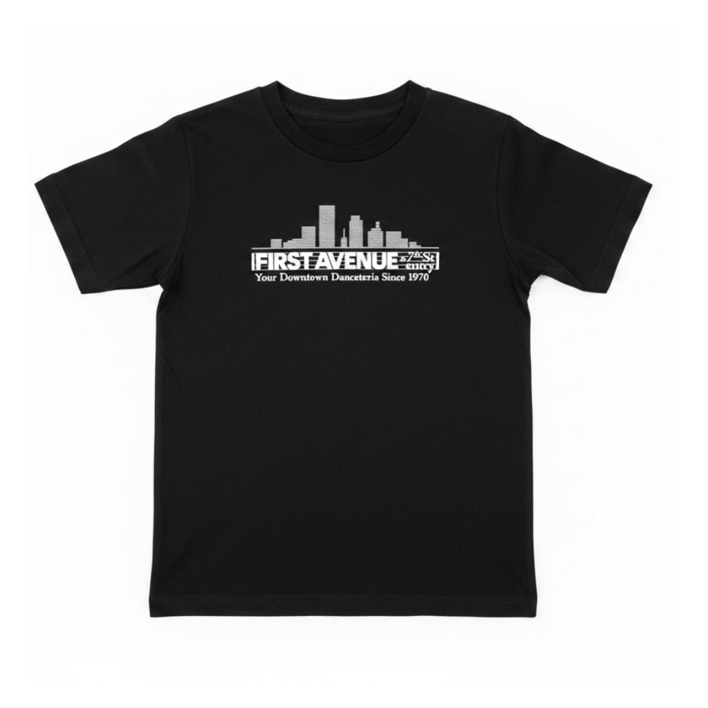First Avenue Youth Black Tee with the First Avenue logo screenprinted in white on the chest.