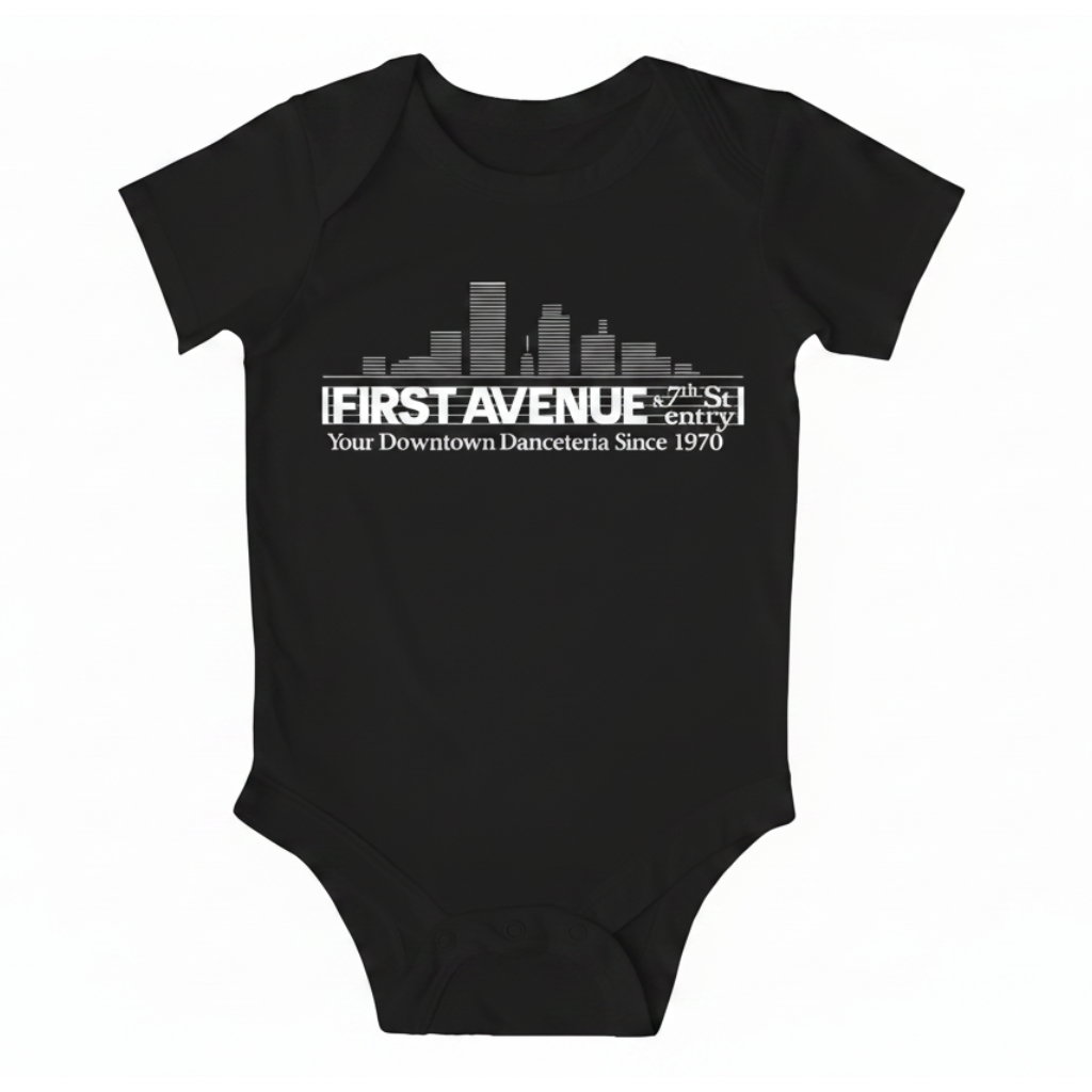 A black short-sleeve baby onesie with the First Avenue logo screenprinted in white on the chest.