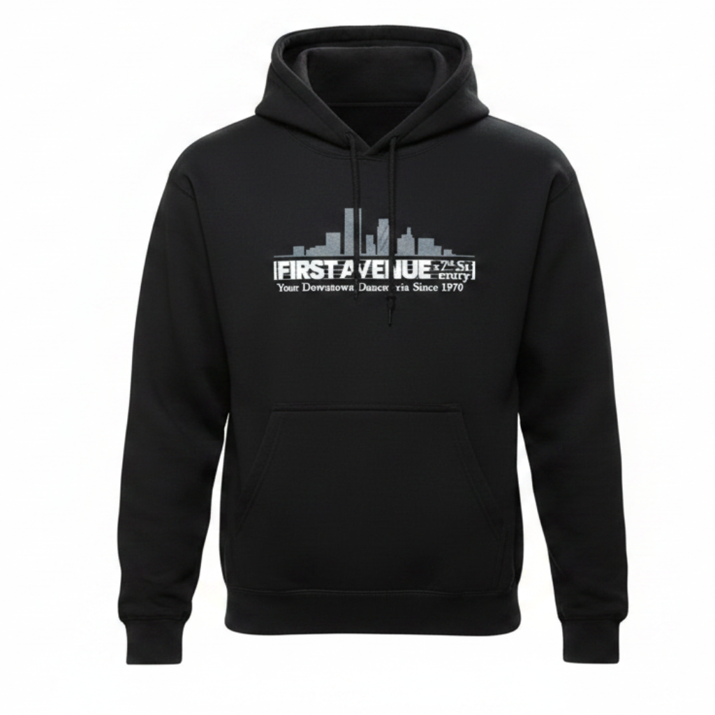 First Avenue Pullover Hoodie - black hoodie with the First Avenue logo screenprinted in white on the chest.