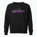 A black crewneck sweatshirt featuring a purple First Avenue logo on the chest in a stylized city skyline font.