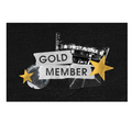 A square graphic design featuring the words 'GOLD MEMBER' in black text on torn white paper strips, accented by two gold stars and a small silver disco ball.