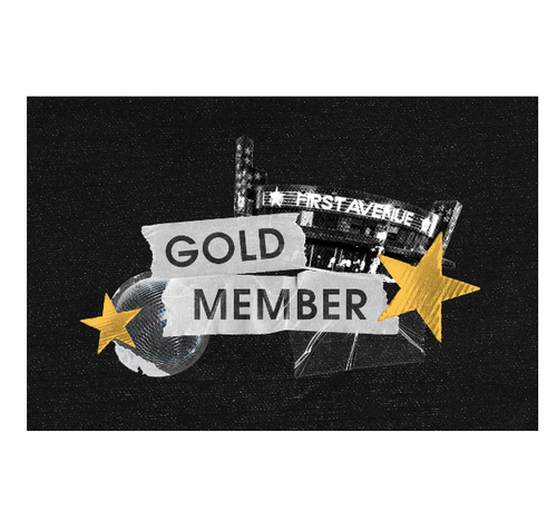 A square graphic design featuring the words 'GOLD MEMBER' in black text on torn white paper strips, accented by two gold stars and a small silver disco ball.
