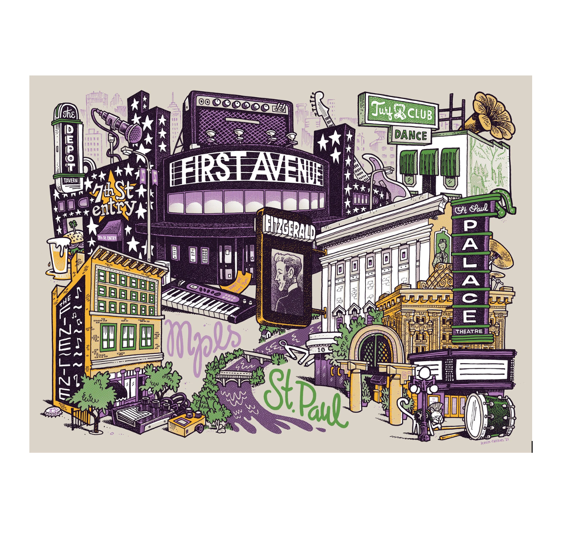 A stylized illustrated cityscape collage featuring Minneapolis and St. Paul landmarks including First Avenue, 7th St Entry, Fine Line, Turf Club, Palace Theatre,  and Fitzgerald Theater rendered in hand-drawn graphic lines with purple, green, beige, and black tones on a light background.