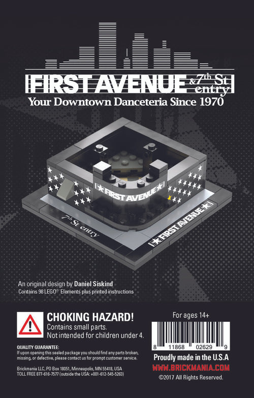 Cover of First Avenue LEGO set with First Avenue logo & image of the built set.