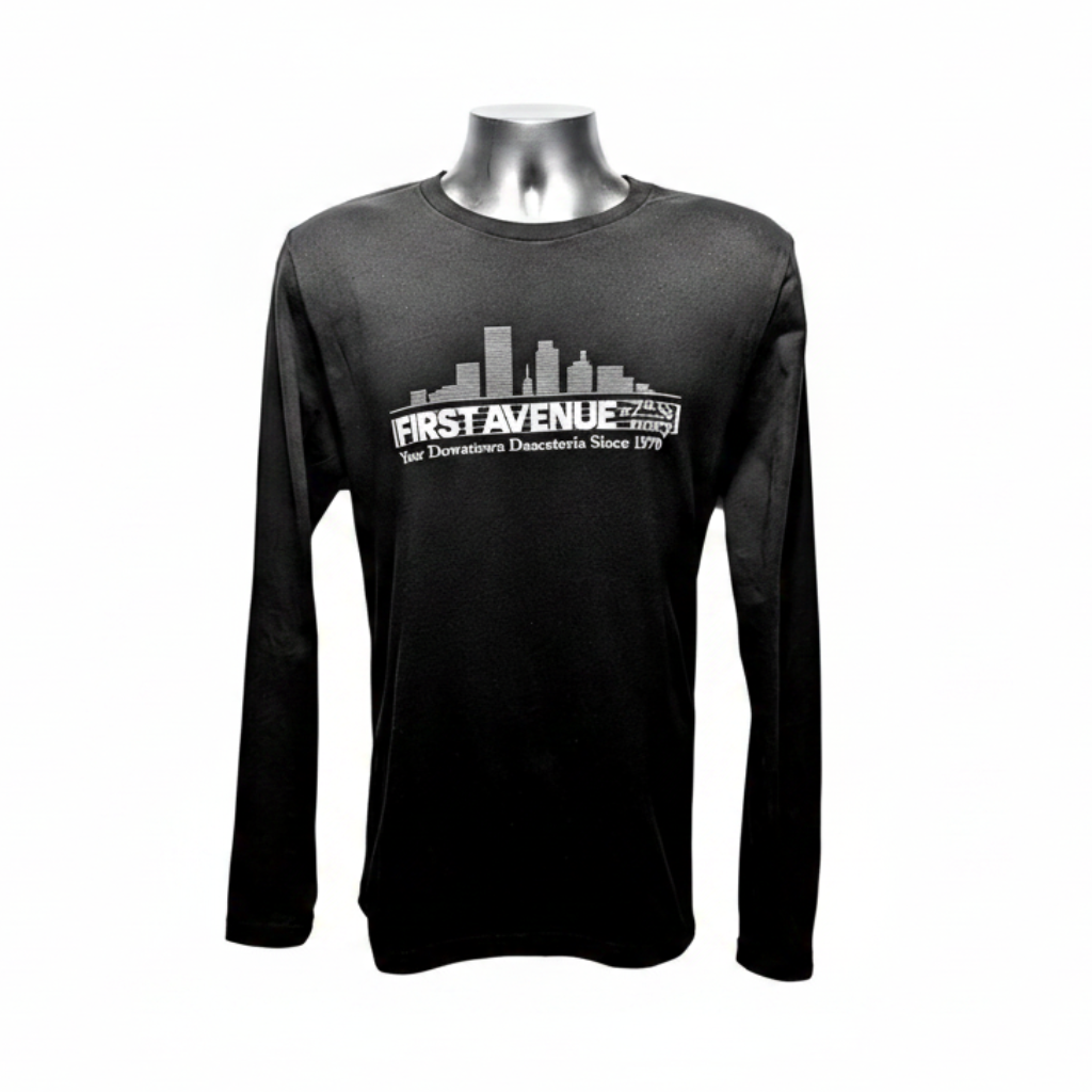 First Avenue Classic Long Sleeve - black long sleeve tee with the First Avenue logo screenprinted in white on the chest.