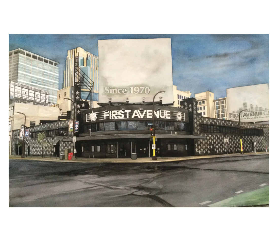 Watercolor-style city scene artwork showing a corner building labeled FIRSTAVENUE, with surrounding skyscrapers, a large blank billboard reading 'Since 1970,' street pavement, and a blue-gray sky.